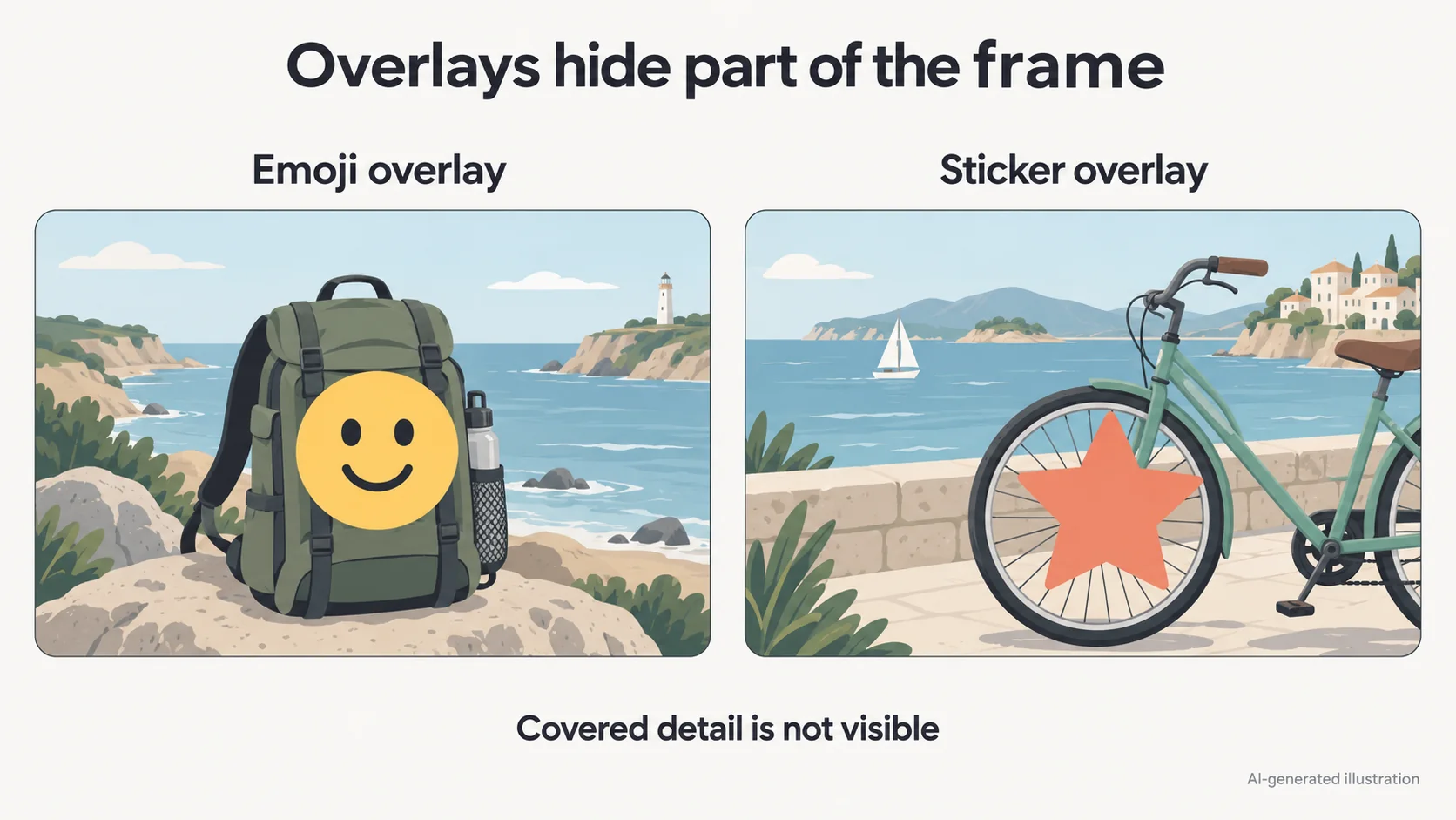 Ilustração conceitual com IA: emoji cobre uma mochila e estrela cobre parte de uma roda de bicicleta.
