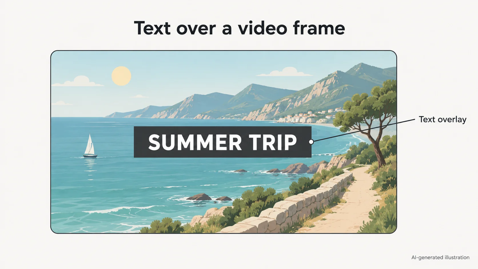 AI-generated illustration of a SUMMER TRIP title covering a coastal video frame.